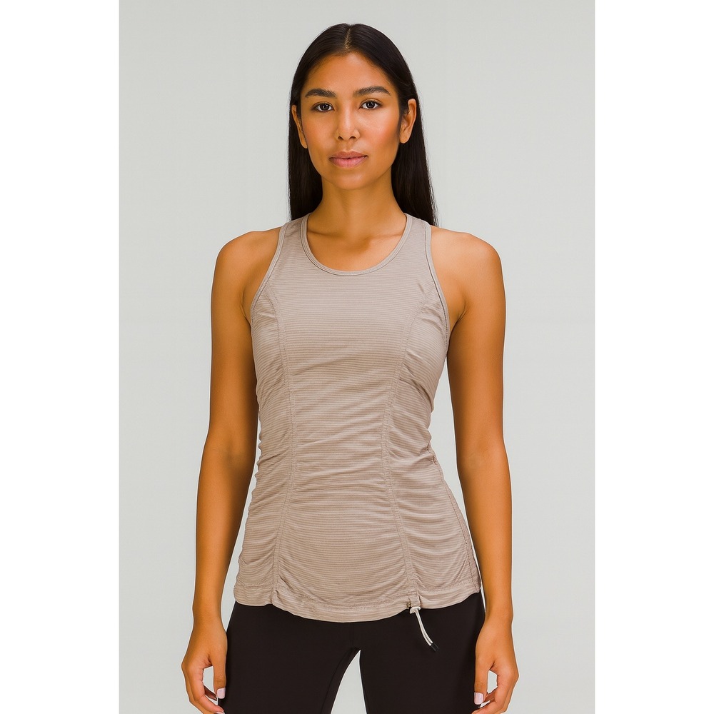 Lululemon Tank Top Pink Grey Striped Ruched Adjustable Hem Draw String Size 8